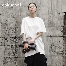 Cakucool Новая женская футболка в стиле Харадзюку; однотонные черные белый с коротким рукавом Длинные свободные женские футболки складками в готическом стиле, футболка женские летние топы