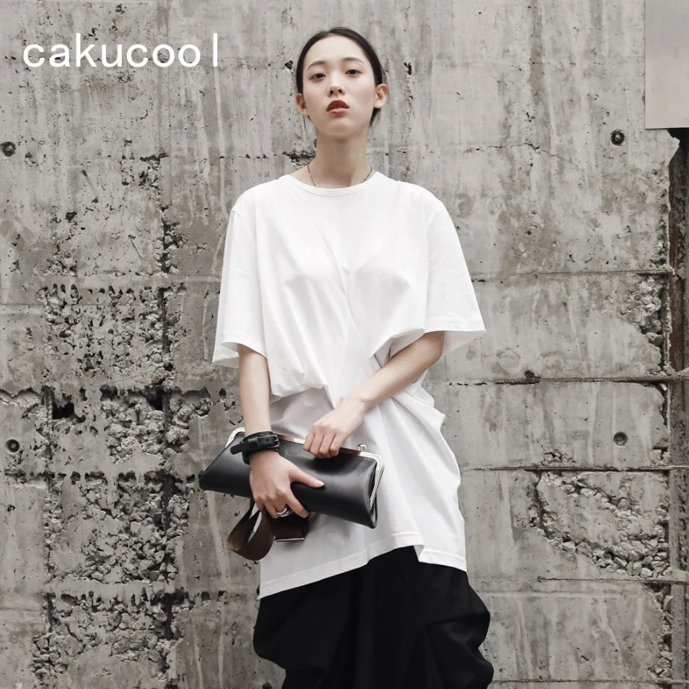 

Cakucool New Harajuku tshirt Women Solid Black White Short Sleeved Long Tees Loose Pleats Gothic t Shirt Summer Tops For Women