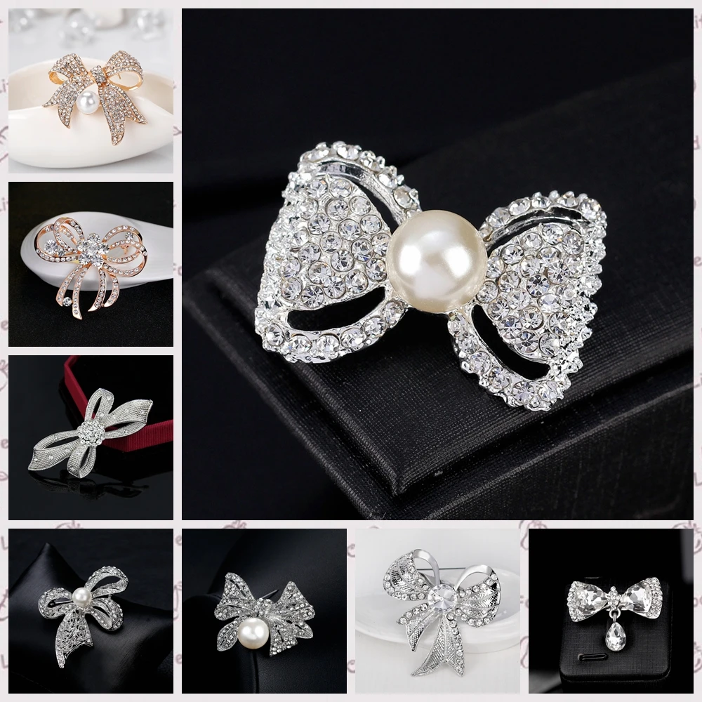 

Attractive Rhinestone Bow Brooch Butterfly Gold Silver Color Simulated Pearl Brooches Pins for Wedding Brooch Bouquet