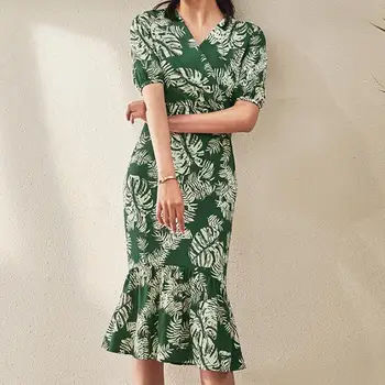 

Dress Women V Neck Printed Short Sleeve Summer Green Casual Elegant Dresses Sundress Beach Party Dress Female Vestidos