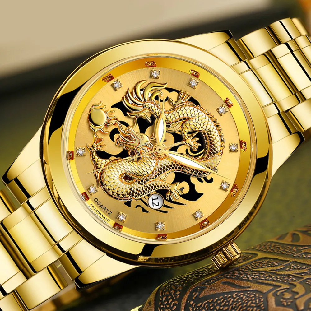 Мужские часы Топ бренд класса люкс ремешок из нержавеющей стали водонепроницаемый золотой дракон скульптура мужские наручные часы светящиеся наручные часы
