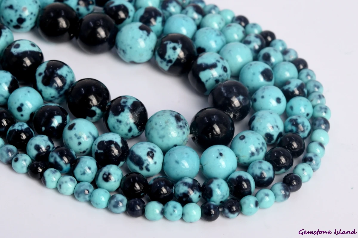 

GemIsl& Wholesale Stone Aqua Blue & Black Rain Flower stone Loose Beads Round Shape 4/6/8/10mm