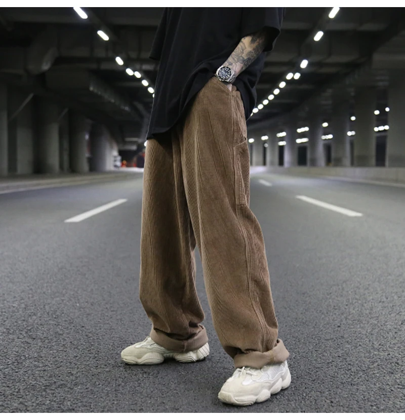 Ретро вельветовые широкие брюки Мужская мода прямые брюки размера плюс рэп хип хоп Уличная мужская Повседневная осень зима длинные брюки