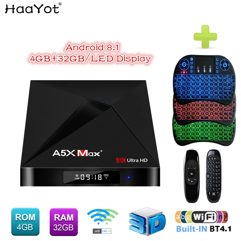

HAAYOT A5X MAX+ Smart TV Box RK3328 Quad Core 64bit Mali-450 GPU 4G/32G Android 8.1 2.4G/5G 1000M Wifi Set Top Box Family TVbox