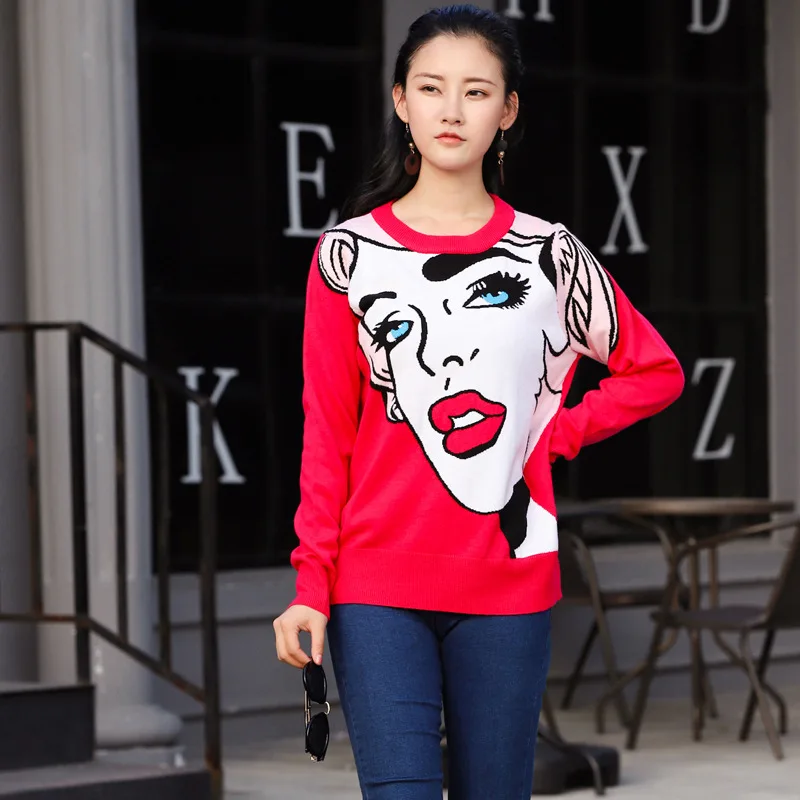 In Early Spring 2019 Europe Station New Knitted Long Sleeve Beauty Red Lip Head Print Pattern Base Shirt Women In Early Spring 2019 Europe Station New Knitted Long Sleeve Beauty Red Lip Head Print Pattern Base Shirt Women