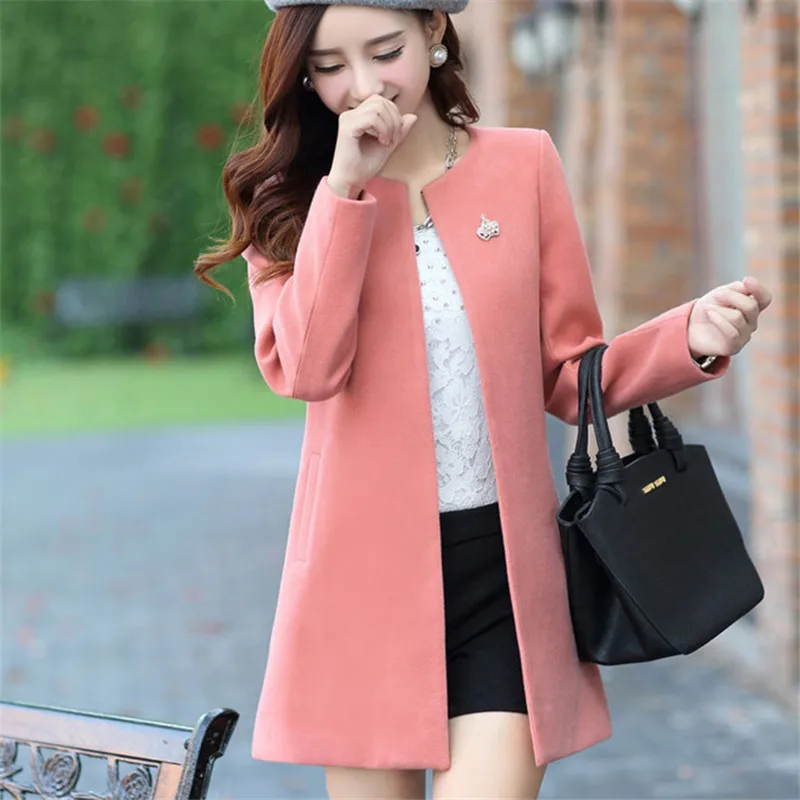 Fashion Round Neck Long Sleeve Women Coats Solid Long Slim Type Elegant