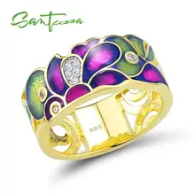 Женское серебряное кольцо SANTUZZA, 925 пробы, серебряное, золотое, очаровательное кольцо с цветком, кубическим цирконием, вечерние ювелирные изделия, эмаль ручной работы