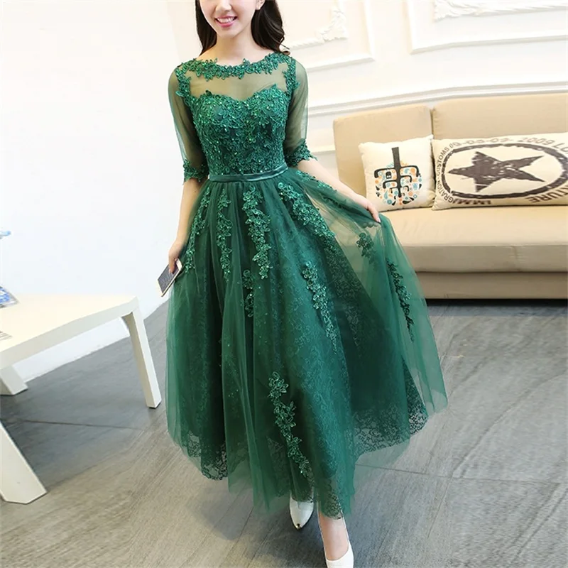 

Elegant Green Evening Dresses with Half Sleeve Appliques Bride Gown Sexy Back Ball Prom Party Homecoming/Graduation Formal Dress