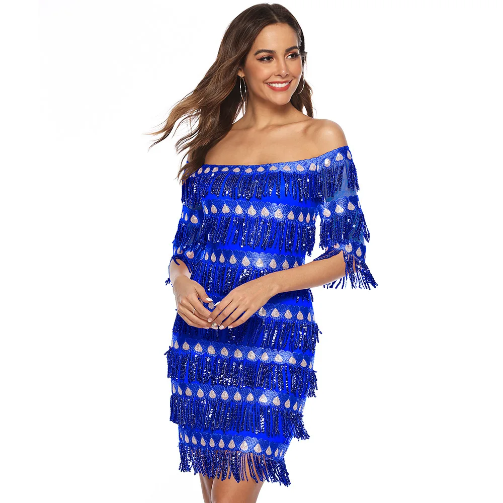 Vadim Zanzea Plus tamaño mujeres envío gratis 2019 nuevo caliente de las mujeres-Cuello de manga borlas caderas Sexy lentejuelas vestidos de Fiesta - 6