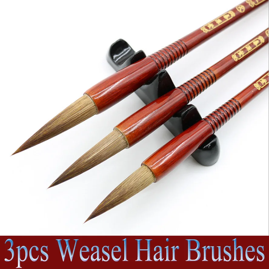 3pcs Weasel Hair Calligraphy Brushes Red Wooden Pen Holder For Artist