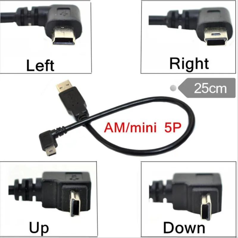 

USB 2.0 Male to Mini USB B Type 5pin 90 Degree Up & Down & Left & Right Angled Male Data Cable 0.25m