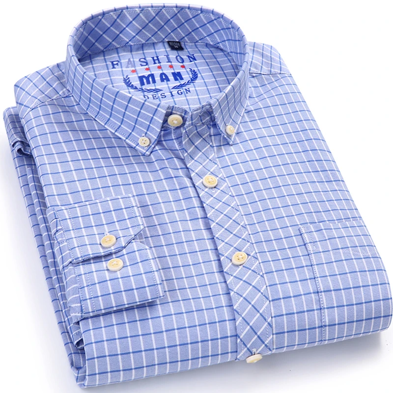 Men's Long Sleeve Check Pattern Oxford Dress Shirt with Left Chest Pocket Cotton Smart Casual
