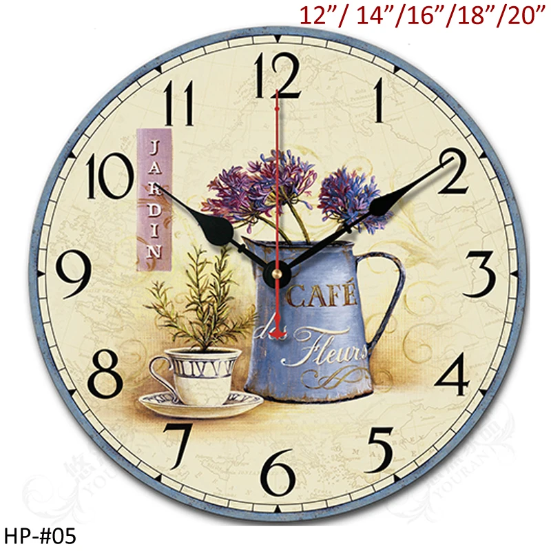 

Jardin Cafe Des Fleur Light Blue with White Iron Flower Vase and Arabic Numbers Printed 12,14,16,18,20 inches Wooden Wall Clock