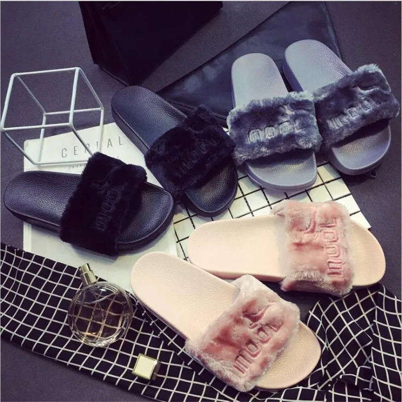 

New Fashion Female Casual Slippers Womens Zapatos Mujer Ladies Slip On Sliders Fluffy Faux Fur Flat Flip Flop Sandal