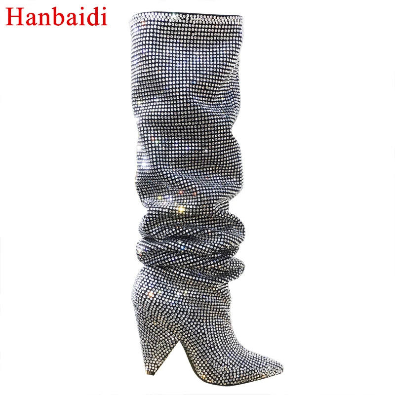 

Hanbaid Luxury Crystal Pointy Toe Knee High Boots Sexy Strange Heel Boots Bling Ladies Rhinestone long Boots women Zapatos Mujer