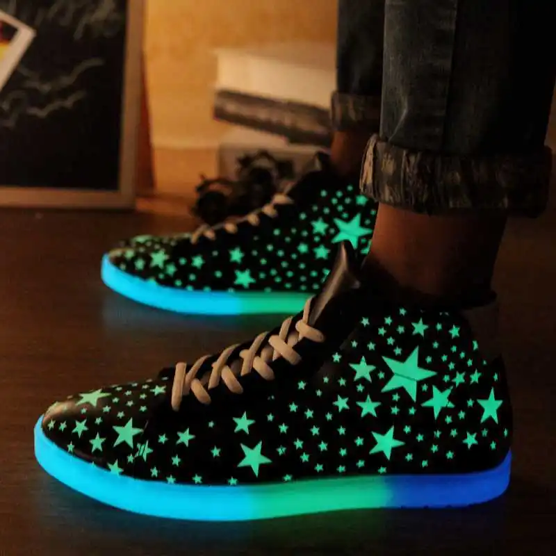

D-BuLun Fluorescent Luminous shoes For Women and Men Soild change color shoes stars breathable top high canvas casual shoes