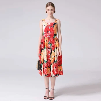 

XF Boho Sling Rose Print Button Sexy Dress 2019 Summer Fashion Milan Designer High Quality Flower Print Beach Party Dress