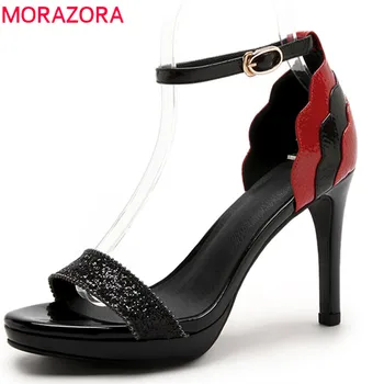 

MORAZORA 2018 hot genuine leather ladies shoes simple buckle fashion women sandals sexy party wedding shoes high heels shoes