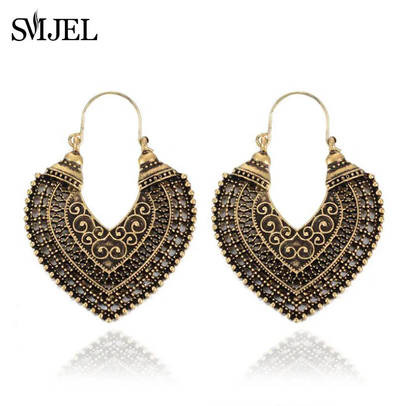 

SMJEL Ethnic Heart Hoop Earrings Europe and The Explosion Of Jewelry Retro Arc Discredit Earrings Pierced Hand Woven Female