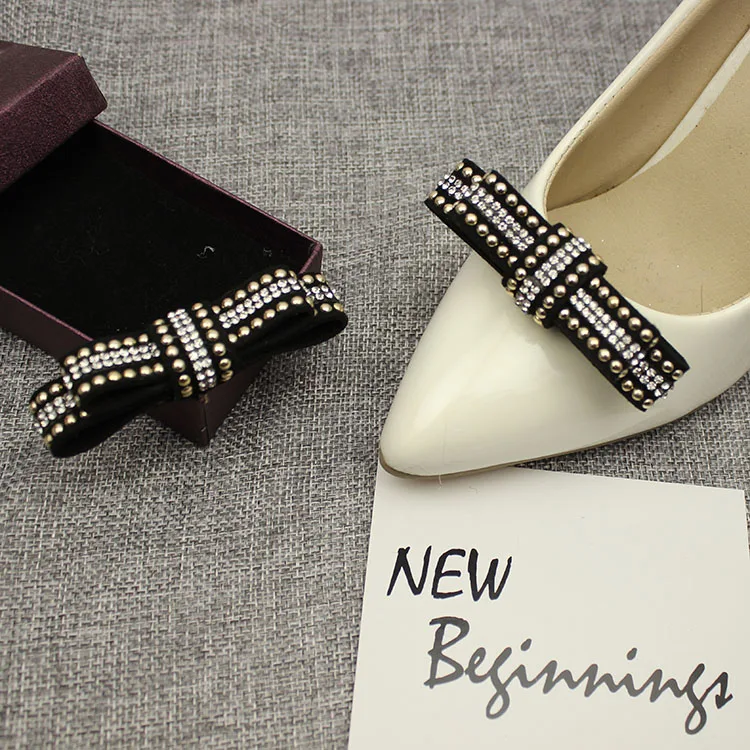 

A Pair Rhinestone Drop Decorative Black Bow Shoes Accessories Clips