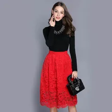 Весенняя Новая модная женская двухслойная эластичная красная открытая кружевная юбка миди с цветочным узором
