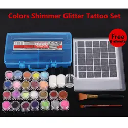 24 цвета пудра для временных татуировок модный Многоцветный Блеск Shimmer Tattoo Kit для боди-арт дизайн краска, клей и кисти
