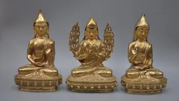 

9'' China Tibet Lama Monk Guru Tsongkhapa Buddha With Two Escort Bronze Statue