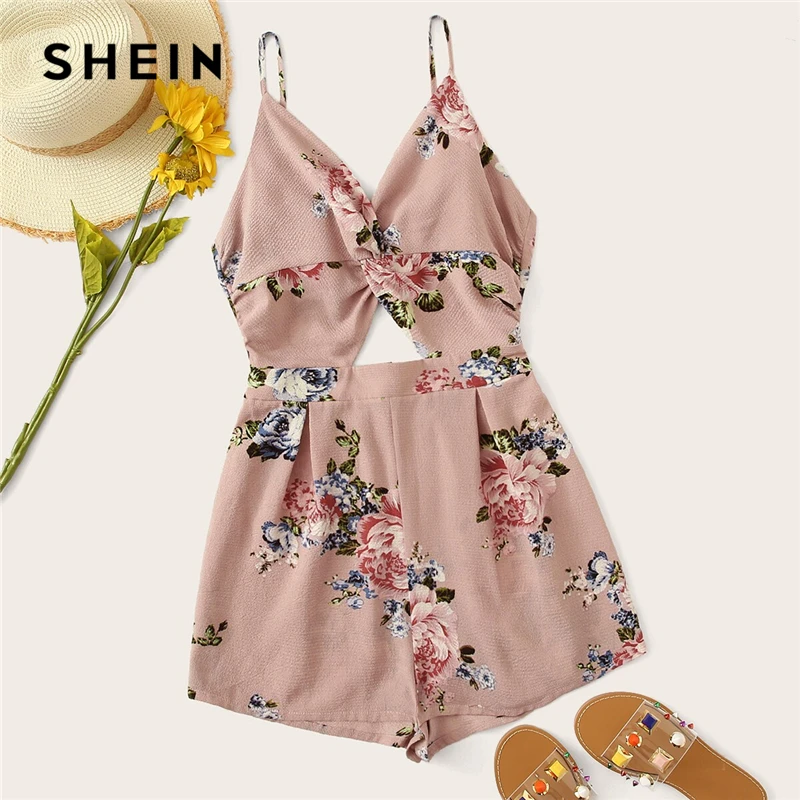 

SHEIN Tie Back Twist Peekaboo Front Textured Slip Romper Boho Spaghetti Strap Sleeveless Cut Out Pink Summer Women Playsuit