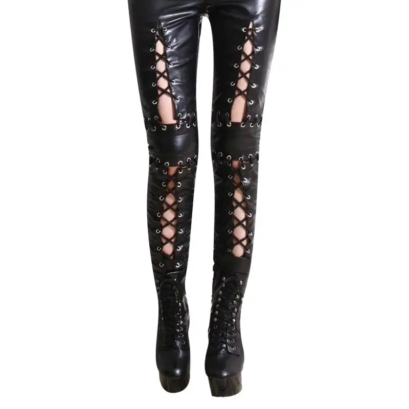 

Plus Size XXL Pantalon Hot Sale Women Black Leather Lace-up Leggings High Quality Vinyl Leather Hollow Out Pants Casual Legging