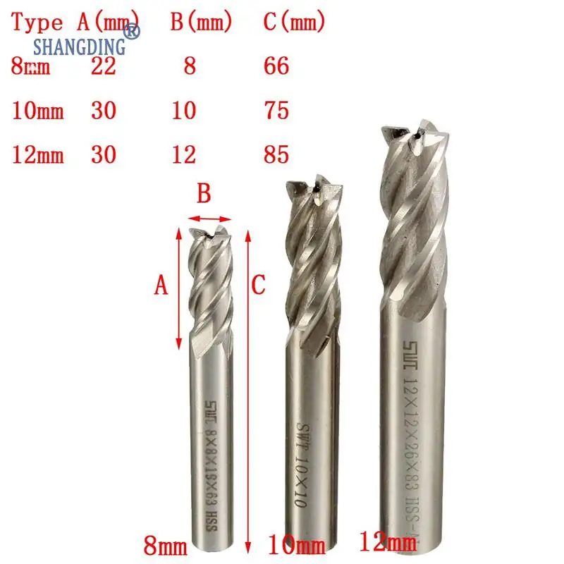 

Brand New  3Pcs 4 Flute Solid HSS End Mill Cutter Coated CNC Bit CNT 8mm 10mm 12mm 3 Sizes Wholesale Price