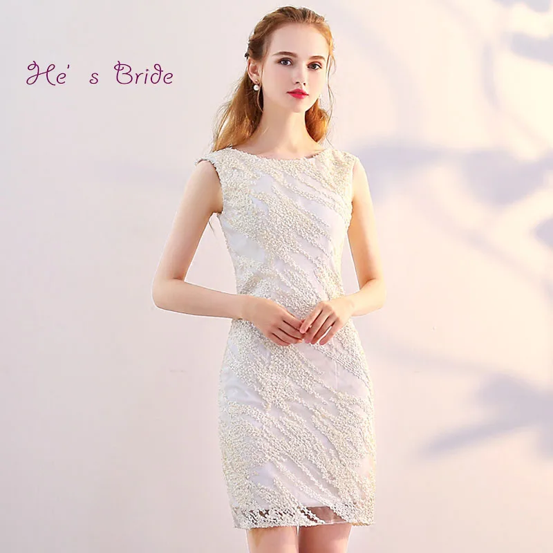He's Bride Elegant Champagne Cocktail Dress Scoop Sleeveless Straight