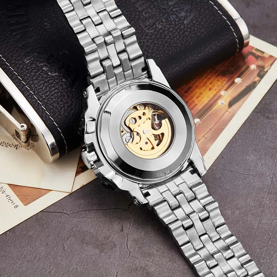 Роскошные серебристые золотые автоматические механические часы для мужчин, полностью Стальные наручные часы с большим циферблатом, relogio masculino