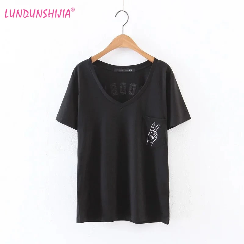 

LUNDUNSHIJIA 2017 Summer Women V-neck T-Shirt Fingers Printed Blusa Female Women Slim T shirt Cotton Black Tops