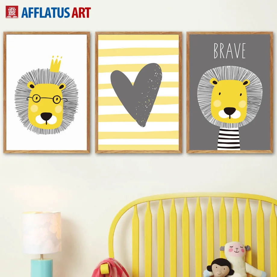 AFFLATUS желтый лев сердце стены Искусство Печать холст живопись скандинавский плакат мультфильм настенные картины для детской комнаты детская комната Настенный декор