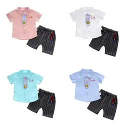 Летний комплект детской одежды Модная одежда для детей, Детская мода мальчик с короткими рукавами галстук рубашка поло + полосатые брюки
