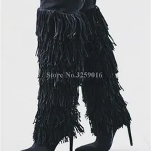 Женские Элегантные замшевые ботфорты с острым носком, с кисточками, на тонком каблуке, с бахромой, очаровательные высокие сапоги на высоком каблуке, модельные туфли
