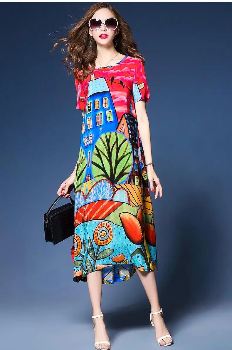 Имитирующие платья из натурального шелка новые летние винтажные платья трапециевидной формы с принтом свободные платья с круглым вырезом и короткими рукавами
