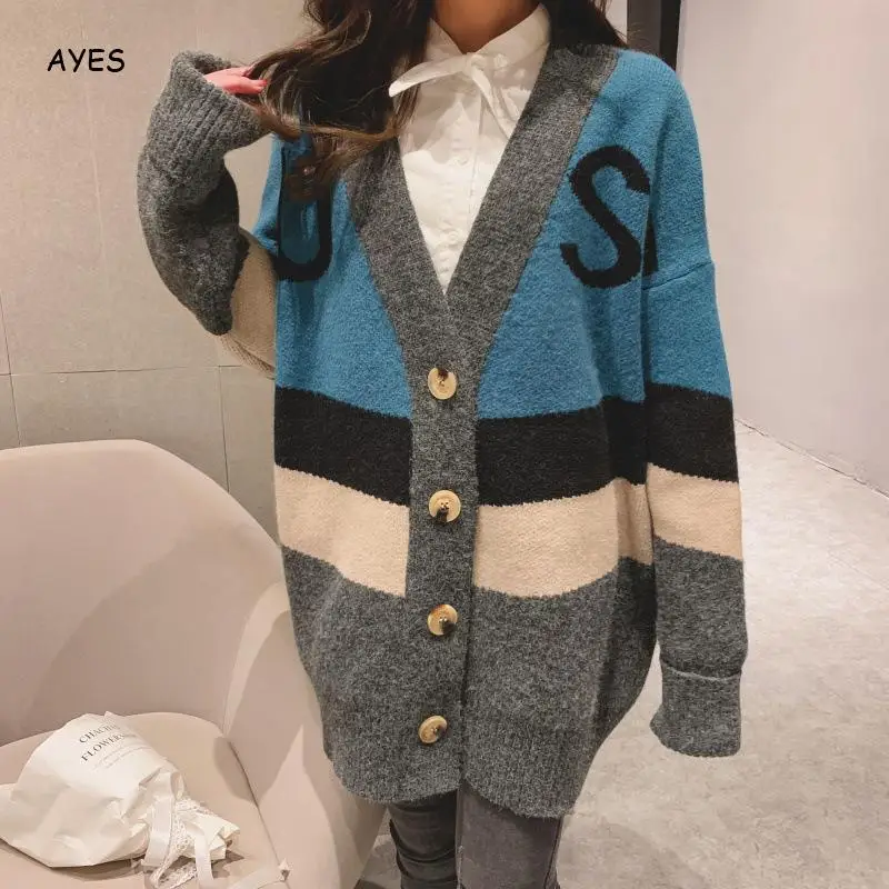 

2019 Korean Oversized Long Sweater Cardigan Women Preppy Style Fashion V-Neck Color Patchwork Buttons Knitted Sweater Jacket