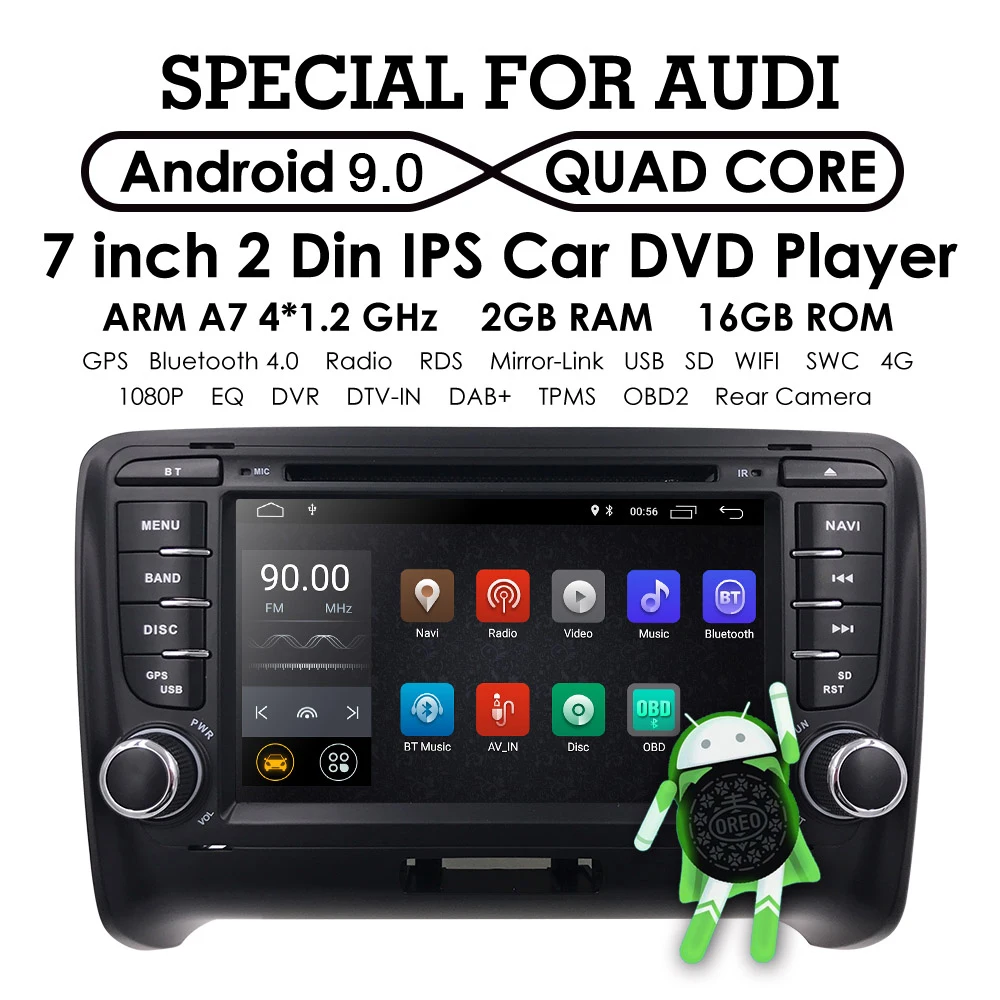 Top IPS Android 9.0 2 DIN Car DVD GPS For Audi TT MK2 2006 2007 2008 2009 2010 2011 2012 2013 2014 multimedia player radio dab+ tpms 2