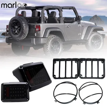 

Marloo Wrangler JK Smoked LED Tail Lights Brake With For 2007-2015 Jeep Tail Lights Round Headlight Guard Cover Set