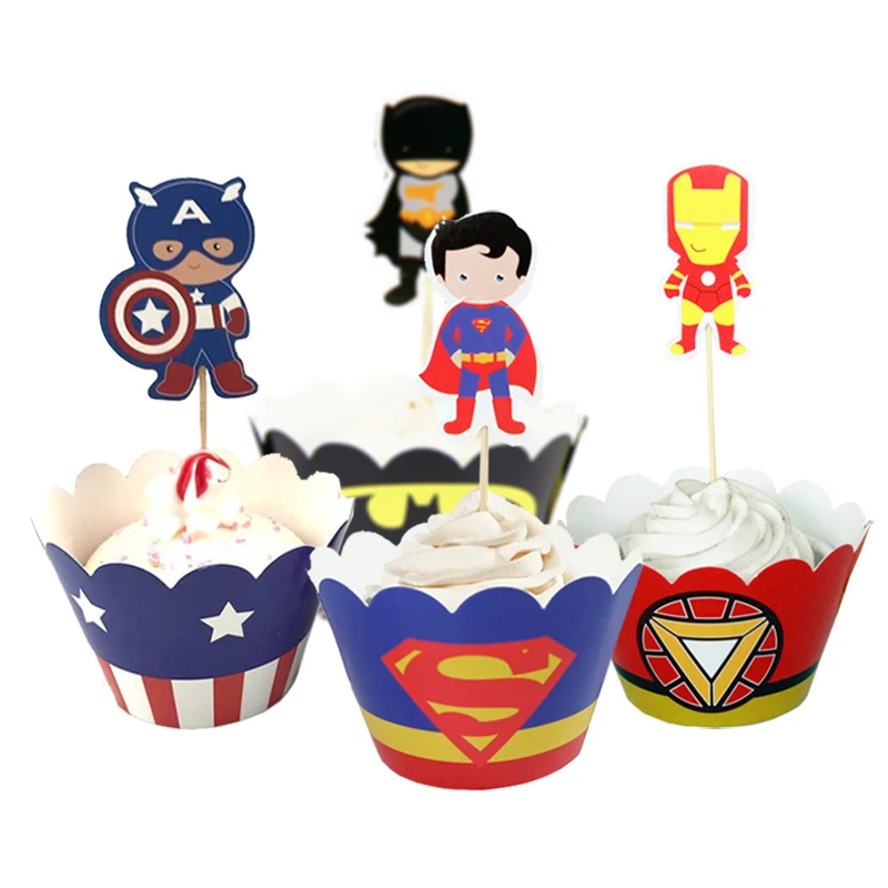 12 комплектов, Мстители, Супермен, Капитан Америка, герои пауков, этикетка, бумажная обертка для торта и Топпер для детей, товары для дня рождения - Цвет: 4x3 mixed