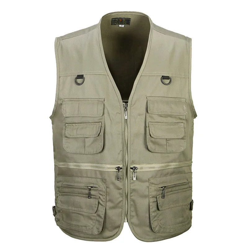 Baratos Chaleco de hombre de moda de algodón sin mangas chaquetas negro Casual de pesca chalecos con muchos bolsillos Chaleco de descarga
