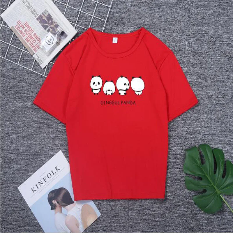 

Cute Cartoon Panda Print Woman Tshirt High Quality Short Sleeve O Neck Cotton Spandex Women Tops Slim Fit T-shirt Femme