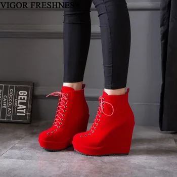 

VIGOR FRESHNESS Women Boots Winter Wedges Heels Shoes Woman Platform Shoes Autumn Ankle Boots High Heels Shoes 42 43 MY86