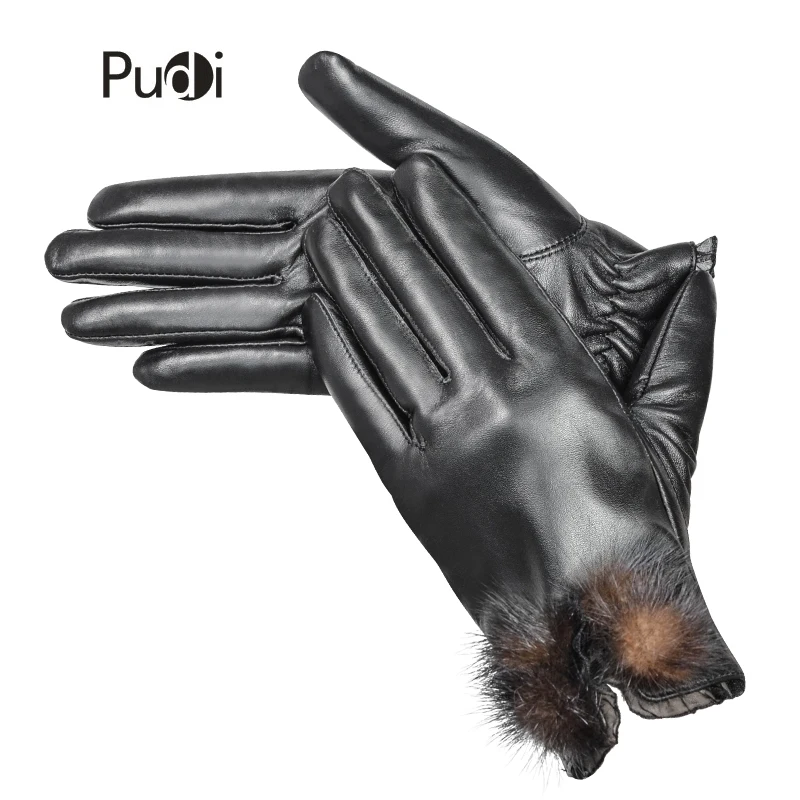 

PUDI GL840 women's genuine leather glove real sheep leather with mink fur lace floral brand new fashion winter autumn gloves