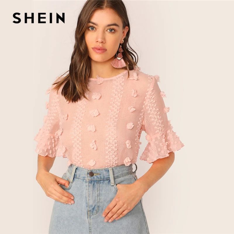 SHEIN элегантный розовый топ с 3D аппликацией и манжетами, блузка для женщин, короткий рукав, круглый вырез, Замочная скважина на спине, летние топы и блузки в стиле бохо