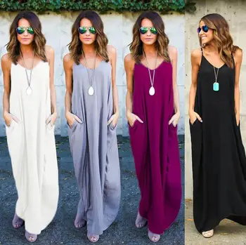 

Summer Ladies Solid Color V-Neck Long Dresses 2018 Summer Fashion Women Clothes Womens Off-shoulder Casual Dress