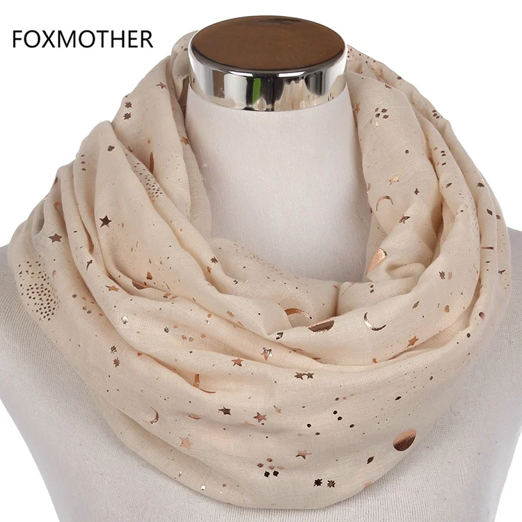 FOXMOTHER Бежевый Розовый Блестящий металлический фольгированный принт Звезда Луна солнце круг шарф кольцо платок для женщин шаль для женщин - Цвет: Beige Loop