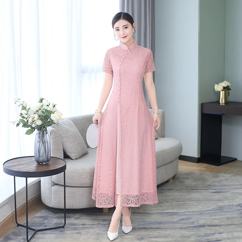 Осенне-зимнее сексуальное китайское традиционное платье кружевное длинное платье Чонсам размера плюс с коротким рукавом платье Ципао воротник-стойка M-3XL - Цвет: Розовый