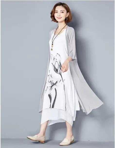 NYFS Новинка года летнее платье солнцезащитный крем двойка хлопок белье для женщин длинное vestidos robe Elbise - Цвет: grey